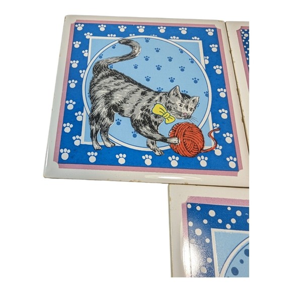VTG Set of 3 Vintage Lanka Wall Tile Coaster Trivet Tabby Cat Made in Sri Lanka - Picture 4 of 9